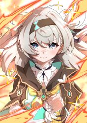 Rule 34 | &gt;:), 1girl, black choker, black shawl, cape clasp, choker, clenched hand, collar, determined, ecliygame, fire, firefly (honkai: star rail), glint, grey hair, hairband, hand on own chest, highres, honkai: star rail, honkai (series), long sleeves, looking at viewer, multicolored eyes, ribbon, shawl, simple background, solo, v-shaped eyebrows, white collar