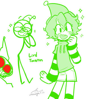 2019 2boys :d amy7996659 animification arm_at_side artist_name blush character_name chinese_commentary commentary_request contrapposto cowboy_shot dated dick_figures double-parted_bangs drawstring dual_persona green_eyes green_hair green_thighhighs hair_between_eyes hand_on_own_cheek hand_on_own_face hand_up hat hat_bell highres layered_sleeves long_sleeves looking_at_viewer lord_tourettes male_focus multiple_boys open_mouth shirt short_hair short_over_long_sleeves short_sleeves shorts simple_background smile sparkle standing stick_figure striped_clothes striped_thighhighs teeth thighhighs turtleneck turtleneck_shirt upper_teeth_only white_background