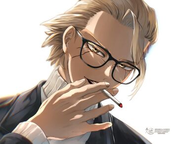 1boy absurdres black-framed_eyewear black_jacket blonde_hair cigarette dr._stone glasses highres holding holding_cigarette jacket long_sleeves looking_at_viewer male_focus mitsuru_(aica_hikari) portrait short_hair simple_background smile smoking solo stanley_snyder_(dr.stone) sweater turtleneck turtleneck_sweater upper_body white_background white_sweater yellow_eyes