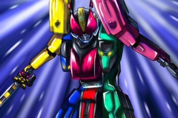 Rule 34 | 1boy, creator connection, fusion, gekoge satoru, kamen rider, kamen rider den-o, kamen rider den-o (series), kamen rider den-o (sword form), male focus, mask, ressha sentai toqger, solo, super sentai, sword, train, weapon