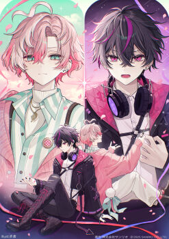 2boys ahoge akakura aqua_eyes aqua_ribbon aqua_shirt arms_up artist_name back-to-back black_boots black_hair black_jacket black_nails black_pants blue_ribbon boots brothers brown_shoes cardigan chest_harness close-up cloud cloudy_sky copyright_notice crossed_bangs curtained_hair dress_shirt ear_piercing earrings facing_away falling_petals fragaria_memories frown full_body furrowed_brow gold_necklace gripping_clothes hair_between_eyes hand_on_own_chest hand_up harness headphones headphones_around_neck highres holding holding_wand jacket jewelry kurode_(fragaria_memories) lace-up_boots layered_clothes light_frown long_sleeves looking_at_hand male_focus merold_(fragaria_memories) mole mole_under_eye multicolored_hair multicolored_jacket multicolored_ribbon multiple_boys multiple_rings nail_polish necklace off_shoulder official_art open_mouth pants petals piercing pink_cardigan pink_clouds pink_hair pink_jacket pink_petals pink_ribbon pink_socks pom_pom_(clothes) purple_eyes purple_hair purple_ribbon purple_sky quilted_jacket red_ribbon ribbon ring shirt shoes short_hair siblings sitting skull_print sky smile socks sparkle straight-on streaked_hair striped_clothes striped_shirt stud_earrings suspenders sweater torn_clothes torn_pants turtleneck turtleneck_sweater v-shaped_eyebrows vertical-striped_clothes vertical-striped_shirt wand white_pants white_shirt white_sweater