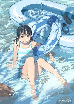 1girl absurdres artist_name black_eyes black_hair comic_lo female_focus flat_chest highres innertube legs original short_hair sitting smile solo swim_ring takamichi water