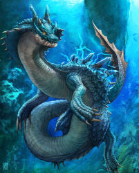 Rule 34 | absurdres, air bubble, algae, blue scales, blue theme, bubble, claws, crocodilian, dragon, electricity, electrokinesis, fish, highres, horns, lagiacrus, looking at viewer, monster, monster focus, monster hunter, monster hunter (series), monster hunter 3, no humans, ocean, scales, sea monster, sharp teeth, slit pupils, spikes, submerged, sunlight, tail, teeth, uchi vs the world, underwater, watermark, yellow eyes
