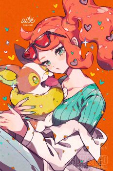 Rule 34 | 1girl, aqua eyes, aqua shirt, black-framed eyewear, blue pants, blush, breasts, coat, coat partially removed, collarbone, commentary request, eyewear on head, fang, gen 8 pokemon, green eyes, green nails, green sweater, hair ornament, heart, heart hair ornament, highres, holding, holding pokemon, kawasaki (kwsk 8765), lab coat, large breasts, long hair, nintendo, open mouth, orange-tinted eyewear, orange hair, pants, parted lips, pokemon, pokemon (creature), pokemon swsh, ribbed shirt, shirt, side ponytail, sonia (pokemon), sparkle, sunglasses, sweater, swept bangs, tinted eyewear, tongue, tongue out, white coat, yamper