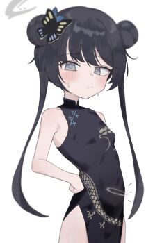 1girl absurdres bare_shoulders black_dress black_hair blue_archive breasts butterfly_hair_ornament china_dress chinese_clothes closed_mouth double_bun dragon_print dress grey_eyes grey_halo hair_bun hair_ornament halo hand_on_own_hip highres kisaki_(blue_archive) long_hair looking_back pelvic_curtain simple_background sleeveless sleeveless_dress small_breasts solo twintails white_background yungun_(dbsrjsdn0330)