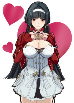 1girl astra_yao black_hair breasts cleavage commentary_request cowboy_shot dress earrings four-finger_heart_hands hair_intakes hairband heart heart_background heart_hands highres jewelry large_breasts long_hair looking_at_viewer mole mole_under_eye red_eyes saint_laurent_paris smile solo white_background white_dress white_hairband zenless_zone_zero