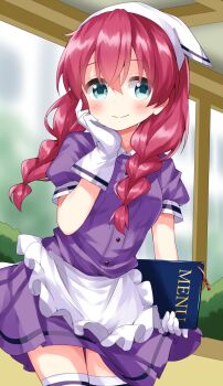 1girl amano_miu apron blend_s blue_eyes blush braid breasts buttons closed_mouth commentary cowboy_shot dress frilled_apron frills gloves hair_between_eyes hand_on_own_chin headscarf highres holding holding_menu long_hair looking_at_viewer medium_breasts menu pink_hair puffy_short_sleeves puffy_sleeves purple_dress ruu_(tksymkw) short_sleeves smile solo thighhighs twin_braids waist_apron white_apron white_gloves white_headscarf white_thighhighs