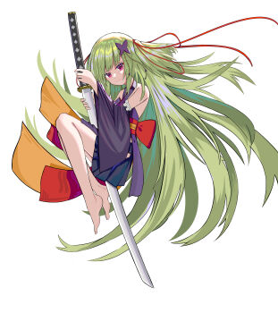 1girl absurdres back_bow bare_shoulders barefoot black_kimono black_skirt blunt_bangs bow butterfly_hair_ornament chinese_commentary closed_mouth commentary_request criss-cross_halter feet floating_hair full_body green_hair hair_ornament hair_ribbon halterneck hands_up highres holding holding_sword holding_weapon japanese_clothes katana kimono knees_up long_hair long_ribbon long_sleeves looking_at_viewer lying miniskirt murasame_(senren) on_side pleated_skirt pom_pom_(clothes) red_bow red_eyes red_ribbon red_sash ribbon sash senren_banka sidelocks simple_background skirt smile solo split_mouth sword two_side_up user_wzdn3258 very_long_hair weapon white_background wide_sleeves