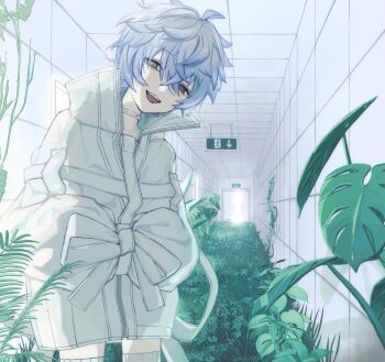 114sqq 1other absurdres blue_hair choker cowboy_shot emergency_exit empty_eyes exit_sign grey_eyes hair_between_eyes hallway hashtag-only_commentary highres indie_virtual_youtuber indoors jacket messy_hair open_mouth oversized_clothes plant short_hair sidelighting sleeves_tied_together smile solo teeth thighhighs upper_teeth_only white_jacket white_thighhighs yukue_fumei zettai_ryouiki zipper