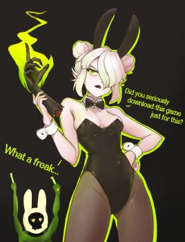 1girl absurdres alternate_costume andreypavlow animal_ears bare_shoulders black_background black_leotard black_lips black_pantyhose breasts cleavage commentary covered_navel deadlock_(game) double_bun english_commentary english_text fake_animal_ears graves_(deadlock) green_eyes hair_bun hair_over_one_eye highleg highleg_leotard highres holding_limb leotard lipstick makeup medium_hair middle_finger pantyhose playboy_bunny rabbit_ears severed_arm severed_limb small_breasts solo_focus white_hair wrist_cuffs