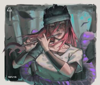 1girl black_hat border breasts collarbone commentary eyelashes facial_mark falling_leaves flute forest hair_between_eyes hat highres holding holding_flute holding_instrument instrument leaf long_hair naruto_(classic) naruto_(series) nature outdoors outside_border playing_flute playing_instrument red_hair rope shimenawa shirt shitakara4 solo standing tayuya_(naruto) white_border white_shirt