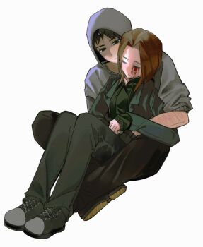 1boy 1girl arm_around_waist black_hair blood bloody_tears brown_hair closed_eyes crossed_ankles cry_of_fear full_body green_hoodie grey_hoodie grey_jacket hashtag-only_commentary head_tilt hetero hood hood_up hoodie hug jacket scar scar_on_arm self-harm_scar short_hair simon_henriksson sitting sitting_on_lap sitting_on_person sleeves_rolled_up sophie_(cry_of_fear) wrist_cutting wu_gusa1ntzzz