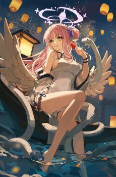 1girl :d aerial_fireworks alternate_costume ankry arm_at_side backlighting barefoot blue_archive blunt_bangs boat bracelet breasts china_dress chinese_clothes chinese_zodiac dango dress feathered_wings fireworks flower food foot_out_of_frame forked_tongue grin hair_bun hair_flower hair_ornament halo hand_up highres holding holding_food jewelry knee_up lantern large_breasts long_hair looking_at_viewer low_wings mika_(blue_archive) multiple_bracelets new_year night on_boat open_mouth outdoors pelvic_curtain pink_hair pink_halo purple_flower sidelocks single_side_bun sitting sleeveless sleeveless_dress smile snake soaking_feet solo thighs tongue wagashi water watercraft white_dress white_snake white_wings wings year_of_the_snake yellow_eyes