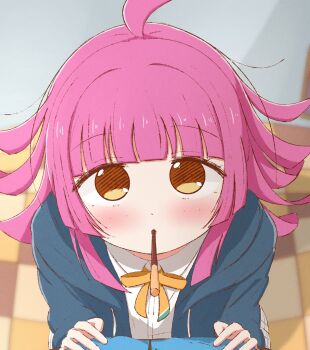 2girls ahoge blue_jacket blunt_bangs commentary_request female_pov food food_in_mouth highres hood hooded_jacket incoming_pocky_kiss jacket kishimen_hair long_sleeves looking_at_viewer love_live! love_live!_nijigasaki_high_school_idol_club miniskirt multiple_girls neck_ribbon nijigasaki_school_uniform open_clothes open_jacket p-man_(p_man_wktk) pink_hair pleated_skirt pocky pocky_in_mouth pov ribbon school_uniform sidelocks skirt solo_focus tennoji_rina track_jacket white_skirt yellow_eyes yellow_ribbon