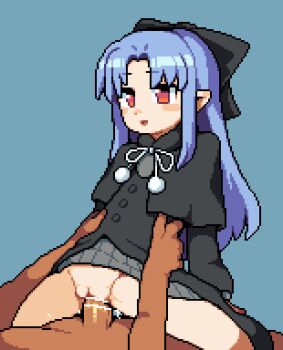 1boy 1girl animated animated_gif bar_censor black_bow black_capelet black_dress blue_background blue_hair bow capelet censored commentary_request commission cowgirl_position dark-skinned_male dark_skin drawstring dress girl_on_top hair_bow hetero len_(tsukihime) loli long_hair open_mouth osimder penis pixel_art pixiv_commission pointy_ears pom_pom_(clothes) pussy pussy_juice red_eyes sex simple_background solo_focus straddling torso_grab tsukihime vaginal