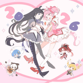 2026 akemi_homura animal_ears ankle_ribbon argyle_clothes argyle_footwear black_eyes blonde_hair blue_eyes blue_hair blush bow bow_choker bubble_skirt capelet caress cat_ears choker collared_capelet commentary_request ear_bow gem highres holding_hands horse_ears horse_girl horse_tail kaname_madoka kemonomimi_mode leg_ribbon magical_girl mahou_shoujo_madoka_magica mahou_shoujo_madoka_magica_(anime) miki_sayaka multiple_girls open_mouth pink_eyes pink_gem pink_hair pipi_o_(pipioo08) purple_capelet purple_shirt red_choker red_eyes red_hair ribbon shirt short_twintails simple_background skirt skirt_under_dress soul_gem sparkle_background tail tail_wagging tomoe_mami twintails two-tone_capelet white_background white_hair yellow_eyes yuri