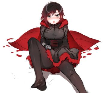 1girl :o bean1215 black_hair black_pantyhose blush breasts cloak corset cross feet female_focus frill_trim gradient_hair grey_eyes image_sample leaning_back multicolored_hair ndgd no_shoes pantyhose petals red_cloak red_hair red_trim rose_petals ruby_rose rwby short_hair sitting small_breasts solo streaked_hair toes white_background