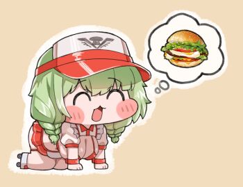 1girl all_fours banshee_(last_origin) bikini blush_stickers braid burger chibi chibi_only closed_eyes commentary_request commission egg food green_hair highres last_origin lettuce meme micro_bikini miniapron miniskirt noonnoon531 official_alternate_costume official_alternate_hairstyle revealing_clothes roller_skates shrug_(clothing) simple_background skates skirt solo speakiposting_(meme) speech_bubble swimsuit thought_bubble tomato tomato_slice twin_braids waitress