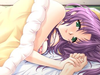 1girl aoi_sakura_(tsuma_shibori) blanket breasts futon game_cg green_eyes holding_hands jewelry kuroda_akimi large_breasts long_hair looking_at_viewer lying night non-web_source official_art parted_bangs purple_hair ring tsuma_shibori tsumamigui_(series) under_covers wedding_ring