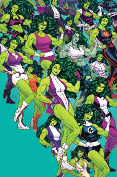 1girl abs aqua_background aqua_skin avengers_(series) black_sports_bra blue_leotard bodysuit breasts cleavage cleavage_cutout clothing_cutout colored_sclera colored_skin comic_cover commentary denim english_commentary fantastic_four fingerless_gloves flexing floating_hair gloves glowing glowing_eyes green_hair green_skin highres jeans jennifer_walters leotard long_hair marvel medium_breasts multicolored_bodysuit multicolored_leotard multiple_persona muscular muscular_female official_alternate_costume official_art pants purple_gloves russell_dauterman she-hulk shirt sports_bra torn_clothes torn_jeans torn_pants torn_shirt white_gloves white_shirt yellow_sclera