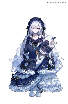 1girl absurdres black_ribbon blue_dress blue_hairband bow closed_mouth crescent crescent_necklace dress empty_eyes expressionless frilled_dress frilled_sleeves frills full_body gothic_lolita hair_ribbon hairband hat highres holding holding_pillow holding_sketchbook jewelry layered_dress lolita_fashion lolita_hairband long_dress long_hair long_sleeves looking_at_viewer magical_girl mahou_shoujo_no_majo_saiban natsume_an-an necklace nightcap official_art pale_skin pillow polka_dot polka_dot_bow puffy_long_sleeves puffy_sleeves purple_eyes ribbon second-party_source simple_background sketchbook sleeves_past_fingers sleeves_past_wrists slippers solo standing stuffed_animal stuffed_sheep stuffed_toy umemaro_(siona0908) very_long_hair white_background white_hair wide_sleeves