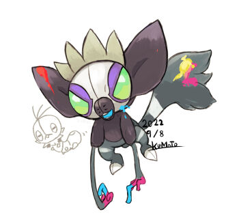 commentary_request dated full_body gen_6_pokemon grafaiai green_eyes highres miyabi_drops_kan nintendo no_humans open_mouth pokemon pokemon_(creature) scatterbug signature simple_background white_background