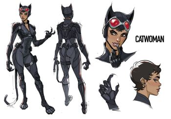 1girl animal_ear_helmet animal_ears_helmet animal_helmet batman_(series) biting_own_lip black_bodysuit black_choker black_eyeliner bodysuit brown_eyes cat_helmet catwoman character_name chest_harness choker claws dc_comics earrings eyebrow_piercing eyeliner eyeshadow face_piercing fake_claws fake_tail freckles from_behind from_side goggles goggles_on_head green_eyes harness holding_fake_tail holster jewelry lips looking_to_the_side makeup marvel marvel_rivals marvel_rivals_(style) multiple_views nose piercing purple_eyeshadow reference_sheet short_hair simple_background skcd_loen tail thick_eyebrows thigh_holster white_background zipper_footwear