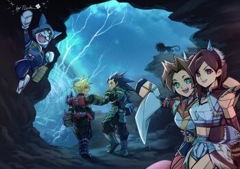 2boys 2girls absurdres aerith_gainsborough aerith_gainsborough_(kamura_dress) animal animal_ear_headwear arm_around_shoulder armor artist_name black_fur black_hair black_hairband blonde_hair breasts brown_hair cait_sith_(felyne_kamura_garb) cait_sith_(final_fantasy) capelet cave cliff cloud_strife cloud_strife_(glavenus_armor) cosplay crop_top detached_sleeves fake_animal_ears fangs felyne felyne_(cosplay) final_fantasy final_fantasy_vii final_fantasy_vii_ever_crisis full_body fur-trimmed_capelet fur_trim glavenus_(armor) green_eyes grin hair_ribbon hair_slicked_back hairband hakama hand_on_another&#039;s_shoulder highres hinoa hinoa_(cosplay) horns japanese_clothes jumping kirin_(armor) lightning low_poly medium_breasts midriff mochi_mangaka monster_hunter_(series) multiple_boys multiple_girls navel nontraditional_miko open_mouth parted_bangs pauldrons red_armor red_eyes red_hakama ribbon seto_(ff7) short_hair shoulder_armor single_horn single_pauldron smile spiked_hair teeth tifa_lockhart tifa_lockhart_(kirin_suit) tuxedo_cat two-tone_fur upper_body white_fur white_sleeves wide_sleeves zack_fair zack_fair_(zinogre_armor) zinogre_(armor)