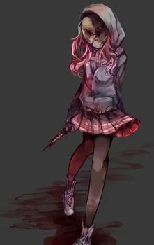 1girl black_hoodie black_pantyhose blood bloody_weapon commentary commentary_request dead_by_daylight english_commentary highres holding holding_knife hood hood_up hoodie knife mask mixed-language_commentary pantyhose pink_hair pink_skirt pleated_skirt simple_background skirt solo susie_lavoie tarie33 the_legion_(dead_by_daylight) weapon