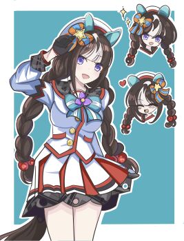 Rule 34 | 1girl, absurdres, animal ears, beret, black gloves, blush, bow, braid, breasts, brown hair, closed eyes, commentary request, ear covers, gloves, hat, highres, hokko tarumae (star light ship) (umamusume), hokko tarumae (umamusume), horse ears, horse girl, horse tail, jacket, large breasts, long braid, long hair, looking at viewer, multicolored hair, multiple views, open mouth, plaid clothes, plaid sailor collar, purple eyes, sailor collar, simple background, skirt, smile, sparkle, striped bow, striped hair, tail, twin braids, umamusume, white hair, white hat, white jacket, white skirt, xiaofeng