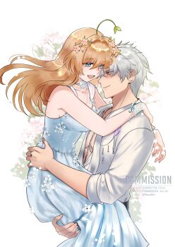 1boy 1girl absurdres blue_dress blue_eyes breasts carrying carrying_person closed_mouth commentary couple dress english_commentary flower grey_hair hair_between_eyes hair_flower hair_intakes hair_ornament half-closed_eyes hetero highres hug jacket jewelry long_hair looking_at_another medium_breasts open_mouth orange_hair original plant_on_head red_eyes ring ryuuxin short_hair sleeveless sleeveless_dress smile white_background white_jacket