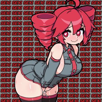 1girl ahoge aroused ass bare_shoulders black_thighhighs blush breasts bright_pupils closed_mouth commentary double-parted_bangs drill_hair english_commentary eyelashes female_ejaculation grey_background grey_shirt grey_skirt grey_sleeves hair_between_eyes heart heart-shaped_pupils highres huge_ass kasane_teto large_breasts long_sleeves looking_at_viewer microskirt mochi_(somniserotonin) pleated_skirt red_background red_eyes red_hair red_trim shiny_skin shirt sideboob skindentation skirt skirt_set sleeveless sleeveless_shirt smile solo sweat symbol-shaped_pupils text_background thick_thighs thighhighs thighs twin_drills two-tone_background utau wavy_mouth white_pupils