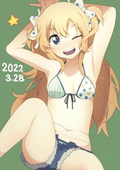 1girl aged_up alternate_hairstyle armpits belly bikini birthday blonde_hair child dated denim denim_shorts front-tie_bikini_top front-tie_top highres long_hair navel official_alternate_costume one_eye_closed open_fly polka_dot polka_dot_bikini shorts solo stomach swimsuit tennosuke_(tejons) toshinou_kyouko yuruyuri