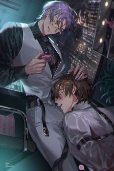 2boys arm_support baegji13 bdsm belt black_belt black_necktie black_shirt blush bound bound_arms brown_eyes brown_hair closed_mouth collared_shirt controller covered_erect_nipples eiden_(nu_carnival) glasses hand_on_another's_head harness heart heterochromia highres holding holding_remote_control indoors kuya_(nu_carnival) licking_lips long_sleeves looking_at_another male_focus mouth_hold multiple_boys nail_polish necktie night nu_carnival office official_alternate_costume open_belt open_fly open_mouth pants plant profile purple_eyes purple_hair purple_nails purple_necktie remote_control remote_control_vibrator restrained round_eyewear saliva sex_toy shirt short_hair sitting smile standing sweat teeth teeth_hold third-party_source tongue tongue_out vest vibrator white_pants white_shirt white_vest window wireless_sex_toy_controller yaoi yellow_eyes zipper_pull_tab
