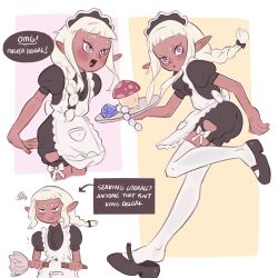 1boy anger_vein apron black_shorts blunt_bangs bow braid braided_ponytail breaking commentary crossdressing crossdressing_(mtf) dark-skinned_male dark_skin dungeon_meshi duster english_commentary english_text hair_bow highres holding holding_duster maid maid_apron maid_headdress male_focus male_maid michito_mochita open_mouth pointy_ears puffy_short_sleeves puffy_sleeves short_bangs short_sleeves shorts smile thighhighs thistle_(dungeon_meshi) trap white_apron white_thighhighs