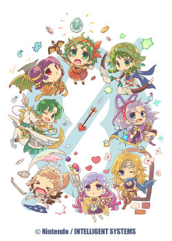&gt;_&lt; 6+girls arrow_(projectile) blonde_hair blue_eyes book bow_(weapon) chibi chibi_only commentary_request company_name cup dragon_wings dragonstone earrings fee_(fire_emblem) felicia_(fire_emblem) fire_emblem fire_emblem:_genealogy_of_the_holy_war fire_emblem:_radiant_dawn fire_emblem:_the_blazing_blade fire_emblem:_the_sacred_stones fire_emblem:_thracia_776 fire_emblem_cipher fire_emblem_fates green_eyes green_hair hasumi_fumi headband heather_(fire_emblem) holding holding_book holding_bow_(weapon) holding_polearm holding_staff holding_weapon horseback_riding ilyana_(fire_emblem) jewelry long_hair maid maid_headdress multiple_girls myrrh_(fire_emblem) nintendo official_art one_eye_closed oversized_fork oversized_object pegasus polearm purple_hair rebecca_(fire_emblem) red_eyes riding saucer short_hair staff tailtiu_(fire_emblem) teacup tina_(fire_emblem) tripping twintails weapon wings
