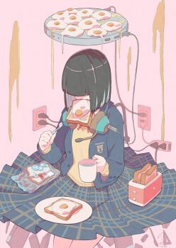 1girl bag black_hair book bread bread_slice commentary_request cup eraser food food_in_mouth fried_egg fried_egg_on_toast grease green_skirt hair_over_eyes headphones headphones_around_neck highres holding holding_cup holding_toothbrush medium_hair mouth_hold norikoi original pen pink_background plaid_clothes plaid_skirt plastic_bag plate pleated_skirt plug protractor skirt solo toast toast_in_mouth toaster toothbrush