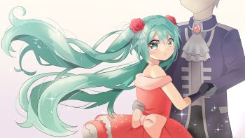 1boy 1girl aqua_eyes aqua_hair ascot back_bow black_gloves black_pants bow brooch coat commentary_request dress faceless faceless_male flower gloves gradient_background grey_gloves grey_hair grey_shirt hair_flower hair_ornament hatsune_miku highres jewelry long_hair mimikkyu_(mimikyunosub) pants pink_bow purple_coat red_dress red_flower shirt sparkle twintails very_long_hair vocaloid white_ascot