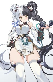 1girl absurdres ahoge aqua_nails bare_shoulders black_hair braid braided_twintails breasts china_dress chinese_clothes closed_mouth corded_phone cowboy_shot dance_arm detached_sleeves dialyn_(zenless_zone_zero) dress earrings from_below hair_extensions hair_intakes hair_ornament hand_on_own_hip hashtag-only_commentary highres holding holding_phone jewelry long_hair looking_at_viewer medium_breasts multicolored_hair multicolored_nails necktie panda_hair_ornament phone red_nails ring_hair_extensions simple_background skindentation solo sparkling_eyes split-color_hair thighhighs white_background white_dress white_hair white_thighhighs yellow_eyes yellow_necktie zenless_zone_zero