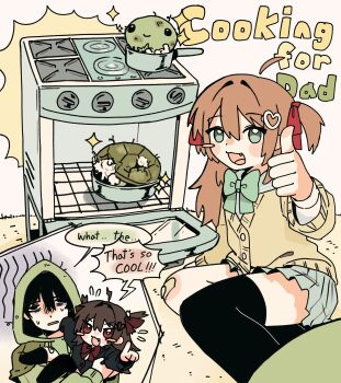 1boy 2girls :3 :d absurdres ahoge aqua_bow aqua_bowtie asymmetrical_legwear bags_under_eyes bandaid bandaid_on_knee bandaid_on_leg black_cardigan black_hair blue_eyes blue_sailor_collar blue_skirt blush_stickers bow bowtie broken_heart broken_heart_hair_ornament brown_hair capelet cardigan carrying chibi child_carry commentary cooking_pot double-parted_bangs english_commentary english_text evil_neuro-sama fang father_and_daughter flying_sweatdrops green_capelet green_hoodie hair_between_eyes hair_intakes hair_ornament hair_ribbon heart heart_hair_ornament highres hood hoodie long_hair long_sleeves looking_at_viewer miniskirt multiple_girls neuro-sama open_mouth oven owo_uou pleated_skirt pointing red_bow red_bowtie red_eyes red_ribbon ribbon sailor_collar shaded_face shirt shouting siblings single_thighhigh sisters sitting skirt smile sparkle speech_bubble stove stuffed_animal stuffed_toy stuffed_turtle sweat thighhighs thumbs_up torn_stuffed_toy turtle twins two_side_up uneven_legwear v-shaped_eyebrows vedal987 vedal_ai virtual_youtuber white_shirt yellow_cardigan