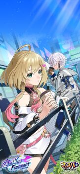 1girl absurdres ahoge bare_shoulders belt blonde_hair city elle_(monster_strike) fence festibattle from_side green_eyes highres low_twintails monster_strike multicolored_hair official_art pink_hair sky standing thighs twintails two-tone_hair