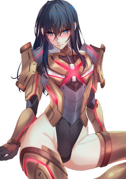 1boy absurdres androgynous armor black_hair black_leotard blue_eyes blush bulge chinese_commentary commentary_request cyacyacyacyaki glowing hair_between_eyes highres leotard leotard_under_clothes long_hair male_focus n_(xenoblade) simple_background sitting solo v-shaped_eyebrows white_background xenoblade_chronicles_(series) xenoblade_chronicles_3