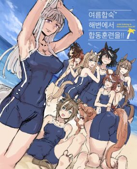Rule 34 | 6+girls, admire vega (umamusume), almond eye (umamusume), animal ears, arm over head, armpits, barefoot, beach, black hair, blush, breasts, brown hair, cheval grand (umamusume), expressionless, gold ship (umamusume), highres, horse ears, horse girl, horse tail, kitasan black (umamusume), korean text, large breasts, long hair, looking at viewer, morning, multicolored hair, multiple girls, nervous, nervous smile, nervous sweating, nice nature (umamusume), oladohamm, outdoors, satono diamond (umamusume), short hair, smile, still in love (umamusume), sweat, sweatdrop, sweep tosho (umamusume), swimsuit, tail, tokai teio (umamusume), tracen swimsuit, two-tone hair, umamusume, white hair
