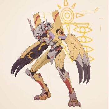 armor blank_eyes claws crests_(digimon) crossover digimon digimon_(creature) eleven_shih evangelion_(mecha) fusion horns mecha mechanization neon_genesis_evangelion no_humans open_mouth orange_background red_hair robot sharp_teeth simple_background teeth wargreymon