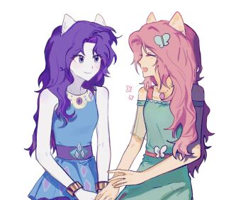 Rule 34 | 2girls, :d, ^ ^, animal ears, anuyami, bare arms, bare shoulders, belt, blue dress, blue eyes, bracelet, breasts, closed eyes, closed mouth, collarbone, colored skin, commentary, cowboy shot, cutie mark, dress, english commentary, face-to-face, facing another, fluttershy, fluttershy (equestria girls), frilled sleeves, frills, gold bracelet, highres, horse ears, horse girl, jewelry, long hair, looking at another, messy hair, multiple girls, my little pony, my little pony: equestria girls, my little pony: friendship is magic, necklace, off-shoulder dress, off shoulder, official alternate costume, open mouth, pink belt, pink hair, profile, purple belt, purple hair, raised inner eyebrows, rarity (equestria girls), rarity (my little pony), see-through clothes, see-through sleeves, short sleeves, sideways mouth, simple background, sleeveless, sleeveless dress, small breasts, smile, standing, teeth, upper teeth only, white background, white skin, yuri