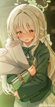 1girl baram blue_archive blurry blurry_background blush book bow brown_eyes collared_shirt commentary_request depth_of_field diagonal-striped_bow green_bow green_jacket grey_hair hair_between_eyes hair_bow hair_intakes halo hugging_object indoors jacket long_hair long_sleeves miyo_(blue_archive) open_mouth pleated_skirt shirt skirt sleeves_past_wrists solo striped_bow sweat twitter_username very_long_hair wavy_mouth white_bow white_shirt white_skirt