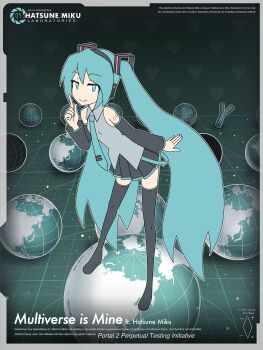 1girl aqua_eyes aqua_hair aqua_necktie artist_logo black_boots black_skirt black_sleeves boots collared_shirt dated detached_sleeves digiral earth_(planet) english_text green_background grey_shirt grid_background hair_ornament hand_up hatsune_miku heart highres index_finger_raised leaning_forward logo logo_parody long_hair long_sleeves looking_at_viewer miniskirt necktie number_tattoo planet pleated_skirt portal portal_(series) portal_2 shirt shoulder_tattoo sidelocks skirt sleeveless sleeveless_shirt smile solo spring_onion tattoo thigh_boots thighhighs twintails very_long_hair vocaloid wide_sleeves zettai_ryouiki