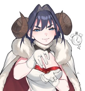 Rule 34 | 1girl, anila (granblue fantasy), anila (granblue fantasy) (cosplay), bare shoulders, blue eyes, blue hair, breasts, cleavage, coat, cosplay, dasdokter, gloves, granblue fantasy, granblue fantasy versus: rising, hair intakes, highres, hololive, hololive english, horns, kronie (ouro kronii), looking at viewer, ouro kronii, sheep horns, short hair, smirk, solo, upper body, virtual youtuber, white gloves