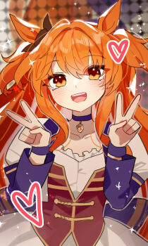 1girl animal_ears blush bow breasts brown_ribbon chocojax choker collarbone corset cropped_jacket double_v ear_bow ear_covers hair_between_eyes heart highres horse_ears horse_girl jacket long_hair long_sleeves looking_at_viewer mayano_top_gun_(umamusume) official_alternate_costume open_mouth orange_eyes orange_hair pendant_choker purple_choker red_corset ribbon shirt small_breasts smile solo starting_future_(umamusume) teeth two_side_up umamusume upper_body upper_teeth_only v