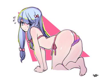1girl all_fours artist_name ass barefoot bikini blue_eyes embarrassed eromanga_sensei female_focus foot_out_of_frame from_behind from_side grey_hair highres izumi_sagiri kuromaruart loli long_hair looking_at_viewer looking_back nervous pink_background pink_bikini side-tie_bikini_bottom sidelocks simple_background sketch solo swimsuit two-tone_background white_background